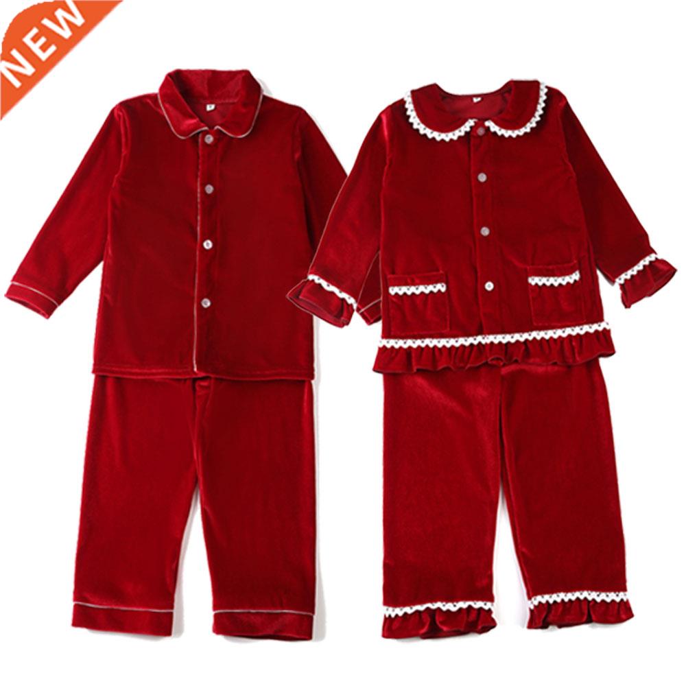 Winter Boutique Velvet Fabric Red Kids Clothes Pjs With Lace