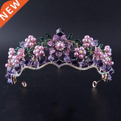 Luxury Baroque Purple Crystal Pearl Bridal Crown Tiara Magni