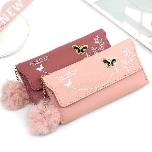 Fashionable New Women Long Wallets Pure Color Wool Ball Bow