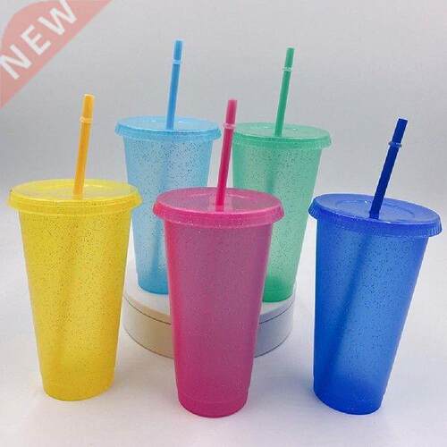 Portable Plastic Glitter Straw Cup Water Bottle Reusable