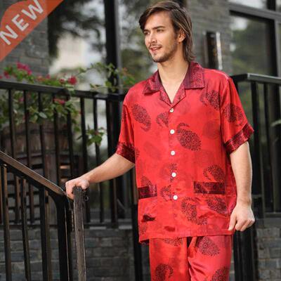Mens Pajamas Satin Silk Sleepwear Short Sleeved Silk Pajama
