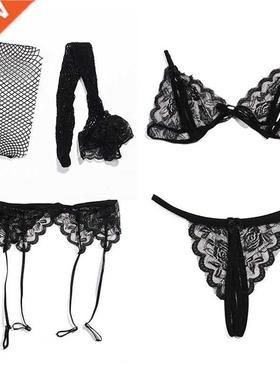 4Pcs Set Women Lace Net Stockngs & Garters & G-strng