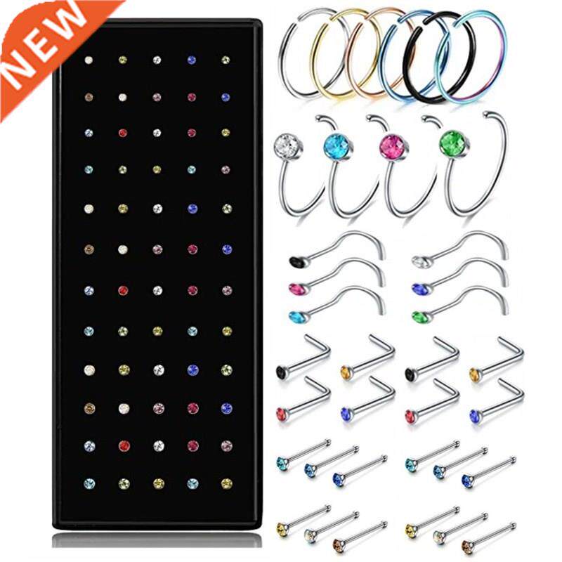 40/60PCS Crystal Stud Nose Ring Set 1.8mm Stainless Steel No