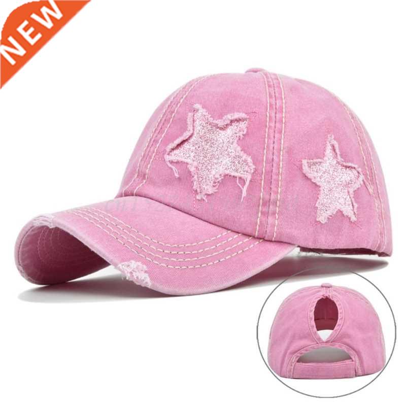 Womens Washed Cotton Baseball Cap Glitter Star Embroidery Vi