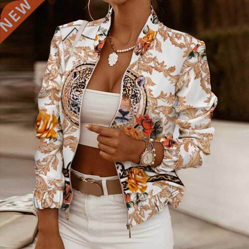 2022 Flower Print Long Sleeve Women's Bomber Jacket Fashion