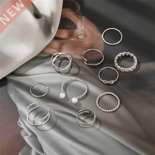 10pcs Punk Gold Wide Chain Rings Set For Women Girls Fashion
