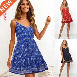 2022 summer women dress beach suspender skirt 沙滩吊带连衣裙