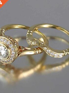 Huitan Golden Color 2PC Bridal Ring Sets Romantic Proposal W