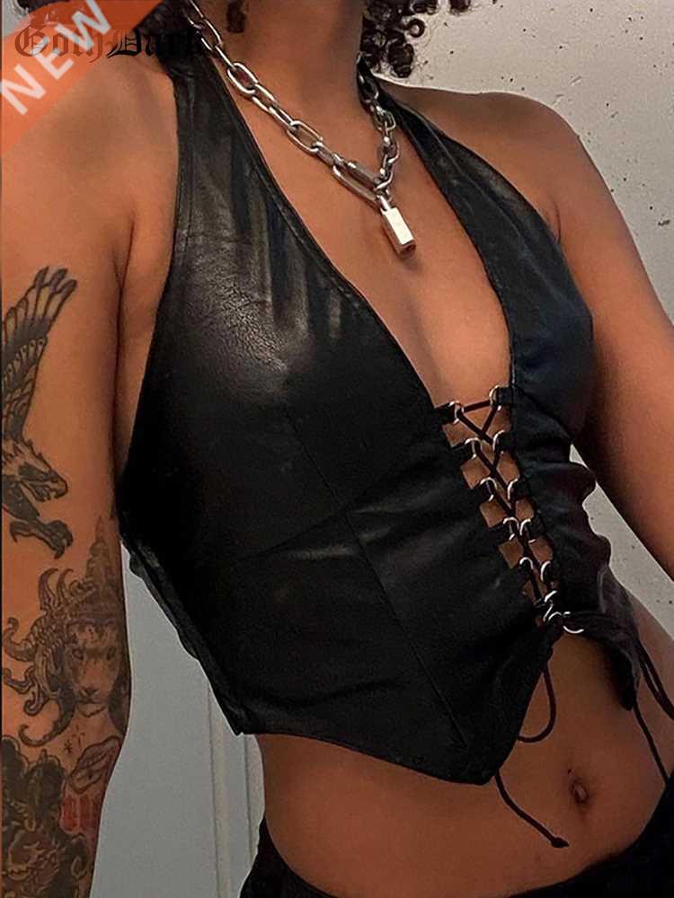 Goth Dark Grunge Pu Black Lace Up Gothic Halter Tops Punk Fa