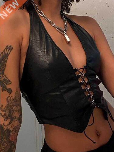 Goth Dark Grunge Pu Black Lace Up Gothic Halter Tops Punk Fa