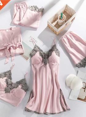 Silk Stin 5PCS Sleepwer Lce Florl Femle Pjms Sets Se