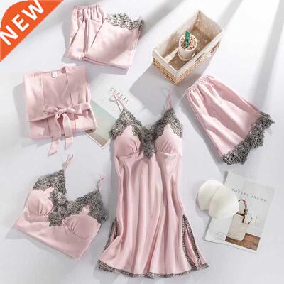 Silk Stin 5PCS Sleepwer Lce Florl Femle Pjms Sets Se
