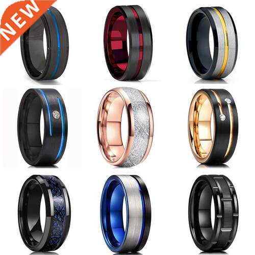 Fashion 8MM Men's Blue Groove Beveled Edge Tungsten Carb