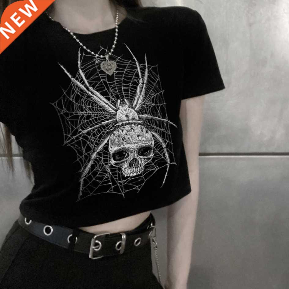 Grunge Dark Punk Skull Print Graphic T-Shirt Harajuku Spider