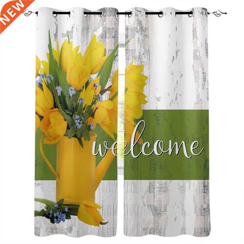 Wood Grain Flower Tulip Retro Window Curtains Kitchen