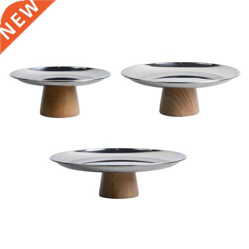 Stainless Steel Round Storage Tray with Solid Wood Base Desk