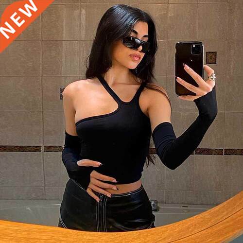 Casual Slim Solid Removable Sleeves Halter T Shirt Women Top