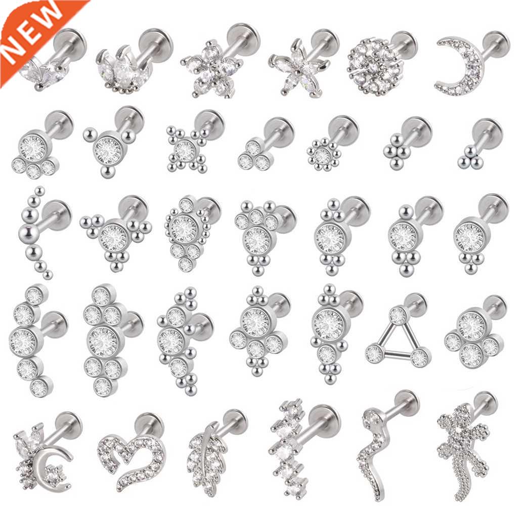 1PC G23 Titanium&Steel 16G CZ Gem Moon Labret Lip Bar Ri