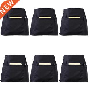 6 Pack Black Waist Aprons with 3 Pockets - Half Aprons for W