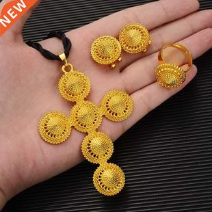 Ethiopian/Eria Gold Color Cross Necklace Earrings Ring Afric