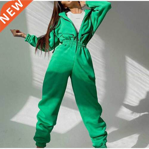 Casual Women Basic Hoodie Two Piece Sets Zipper Drawstring J