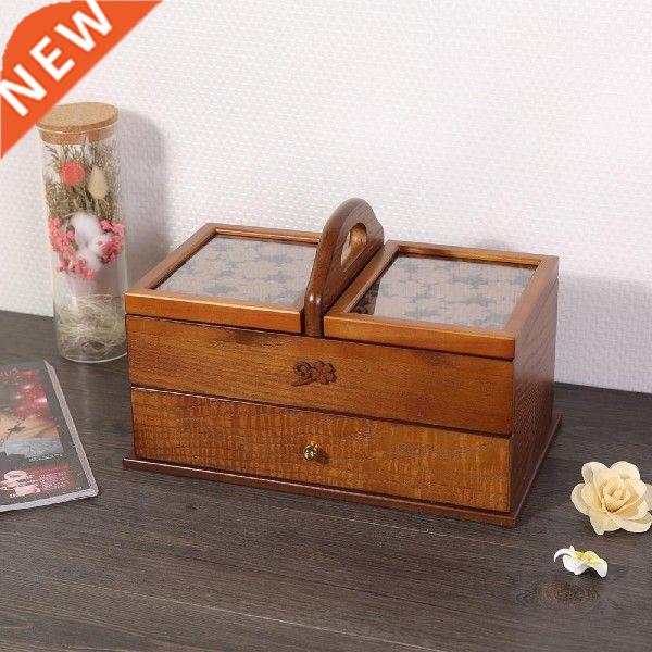 Carved Flowers Retro Wooden Sewing Basket Storage Box