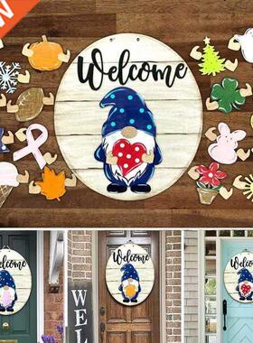 Gnome Door Hanger Seasonal Welcome Sign with Interchangeable
