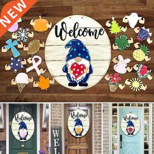 Gnome Door Hanger Seasonal Welcome Sign with Interchangeable
