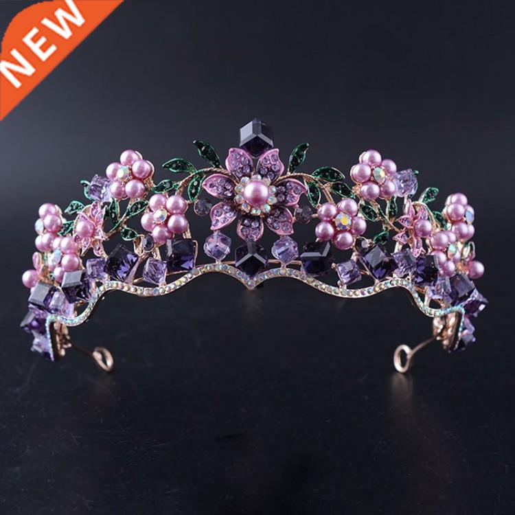 Luxury Baroque Purple Crystal Pearl Bridal Crown Tiara Magni