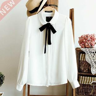 Fashion Female Elegant Bow Tie White Blouses Chiffon Collar