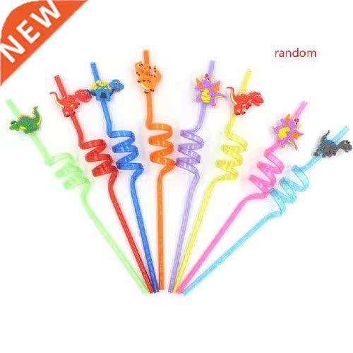 8pcs/set Cartoon Dinosaur Plastic Spiral Drinking Straws