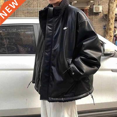 Solid PU Cotton Jacket Men Lamb Wool Coat Winter 2022 New Am