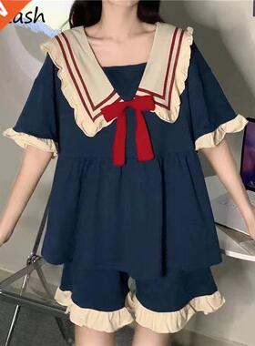 Pajama Sets Women Blue Princess Style Ins Sweet Ruffle Patch