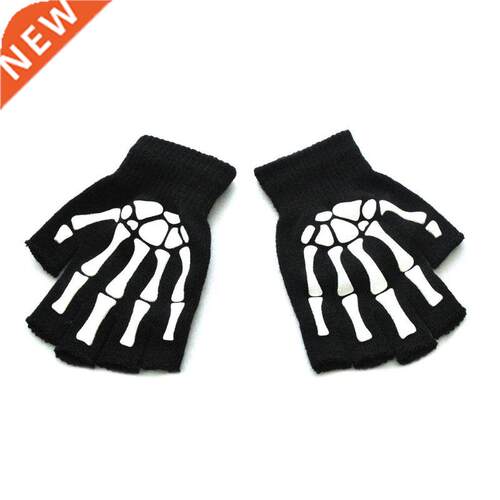Unisex Adult Halloween Skeleton Skull Half Finger Gloves Glo