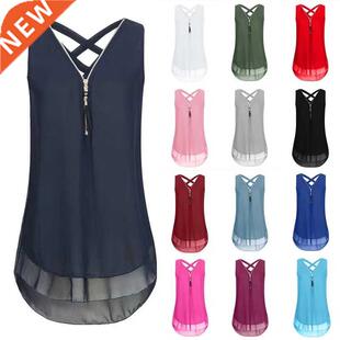 summer tops women shirt ldies chiffon zip vest T恤 背心
