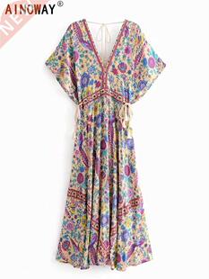 Vintage Chic Women Peacock Floral Print Bat Sleeve Beach Boh