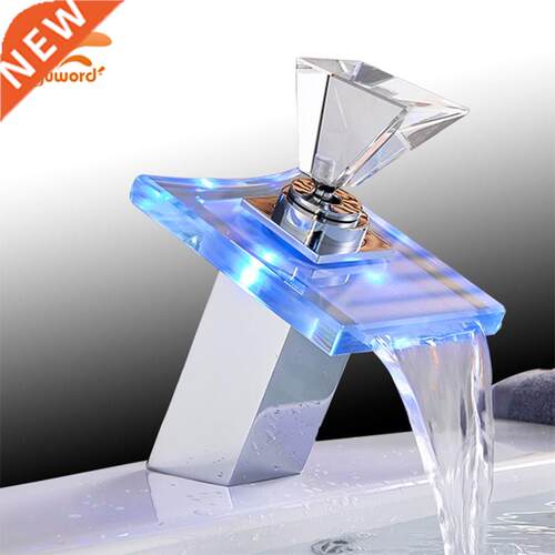 LED Glass Waterfall Bathroom Basin Faucet Square Vanity Sin