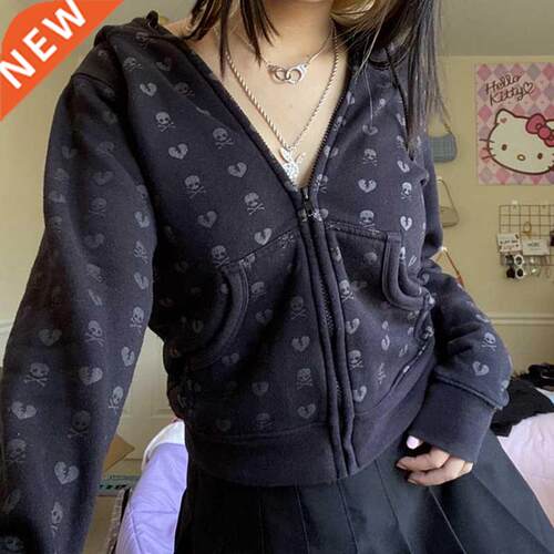 90s Vintage Skulls Print Black Sweatshirt Zipper Long Sleeve