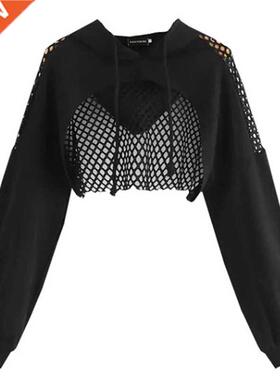 Black Hoodies for Woen 2020 Hollow Out Crop Tops esh Patch