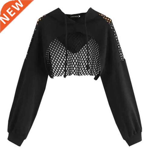 Black Hoodies for Woen 2020 Hollow Out Crop Tops esh Patch