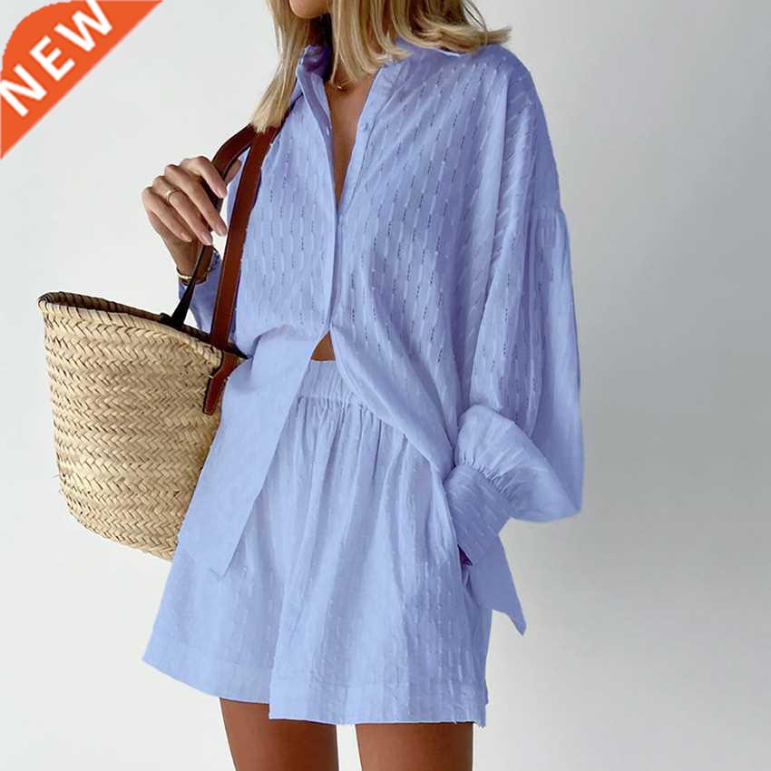 Vacation Suits Women Long Sleeves Shirts And Hot Pants Two P