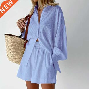 Vacation Suits Women Long Sleeves Shirts And Hot Pants Two P