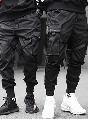 LACIBLE Hip Hop Cargo Pants Ribbons Men Black Streetwear Har