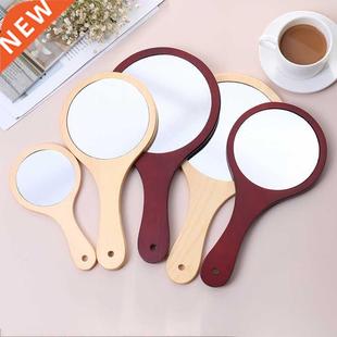 Round Wood Vintage Hand Mirror Makeup Vanity Mirror Portable