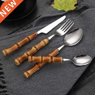 Bamboo Handle Tableware Set Steak Knives Dinner Fork Spoon