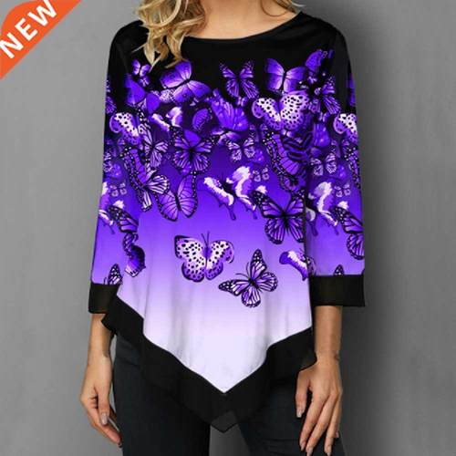2021 Women Blouses Summer Boho Butterfly Print Purple Tops P