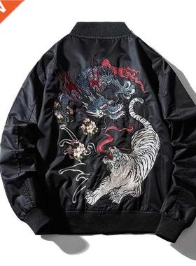 Embroidery Mens Bomber Jacket Dragon Tiger Autumn Winter Pil