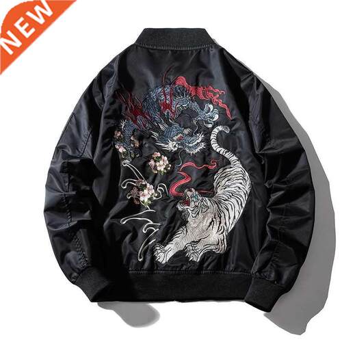 Embroidery Mens Bomber Jacket Dragon Tiger Autumn Winter Pil