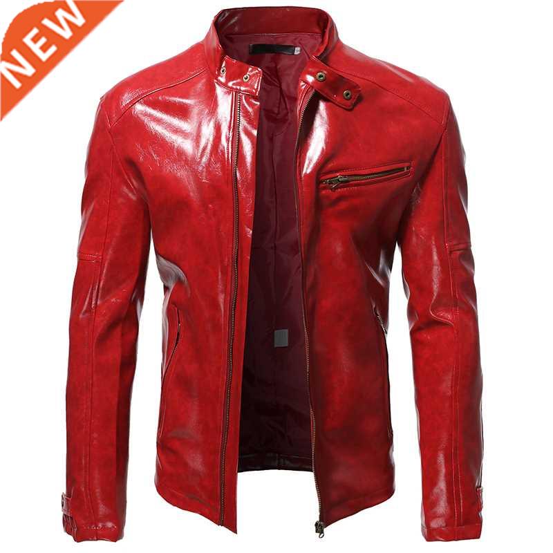 S-5XL Glossy Leather Jacket Men's Fall Fashion Slim Stand Co