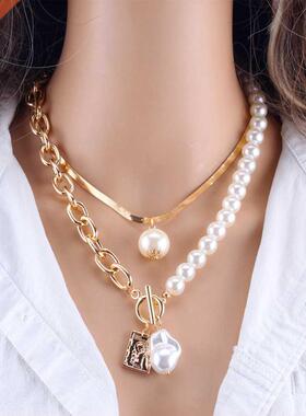 KMVEXO Fashion 2 Layers Pearls Geometric Pendants Necklaces